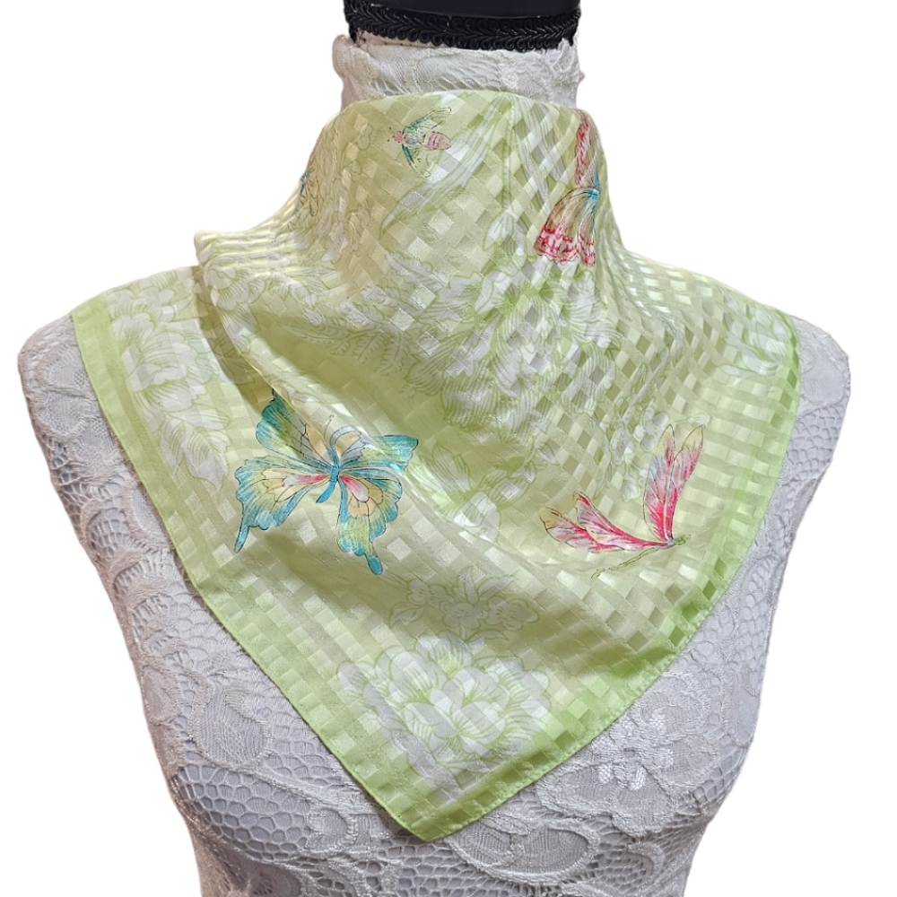 Vintage Talbots Green Butterfly Print 100% Silk Scarf Gingham Delicate Feminine